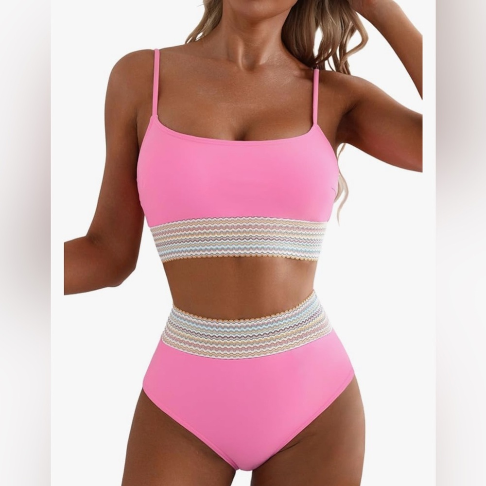 New-Colorblock Trim High Waisted Scoop Neck Adjustable Spaghetti Straps Bikini - Picture 4 of 8